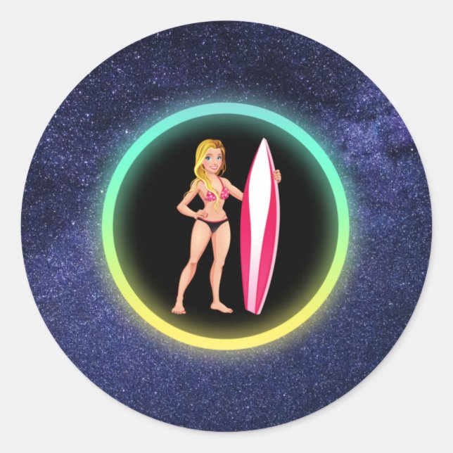 Blonde Surfer Teenage Girl Galaxy Runder Aufkleber (Vorderseite)