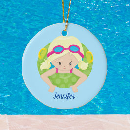 Blonde Swim Girl Niedlich Zeichnend Custom Blue Po Keramik Ornament