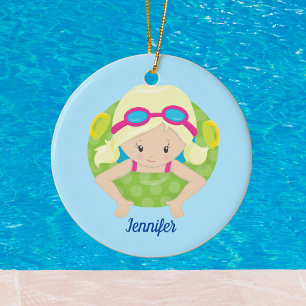 Blonde Swim Girl Niedlich Zeichnend Custom Blue Po Keramik Ornament