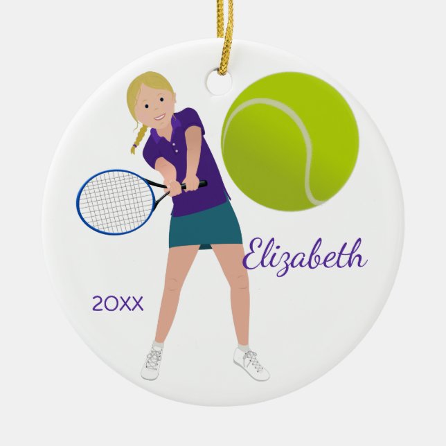 Blonde Tennis-Spieler-Andenken-Verzierung Keramik Ornament (Vorne)