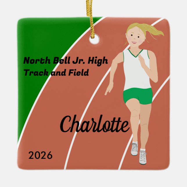 Blonde Track and Field Girl in Grün und Weiß Keramikornament (Vorderseite)