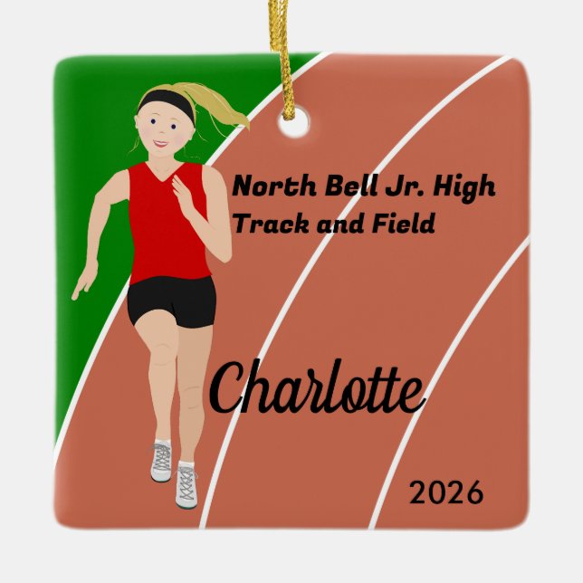 Blonde Track and Field Girl in Red Black Keramikornament (Vorderseite)