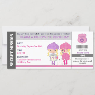 Blonde Twins Girls Spy / Detective Ticket Geburtst Einladung