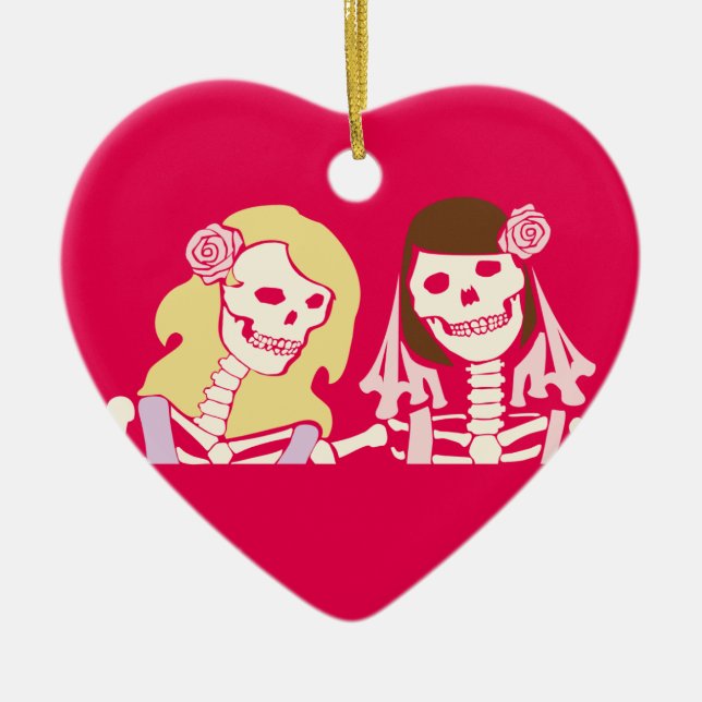 Blonde und brünette weibliche Skeleton Paare Keramikornament (Vorne)
