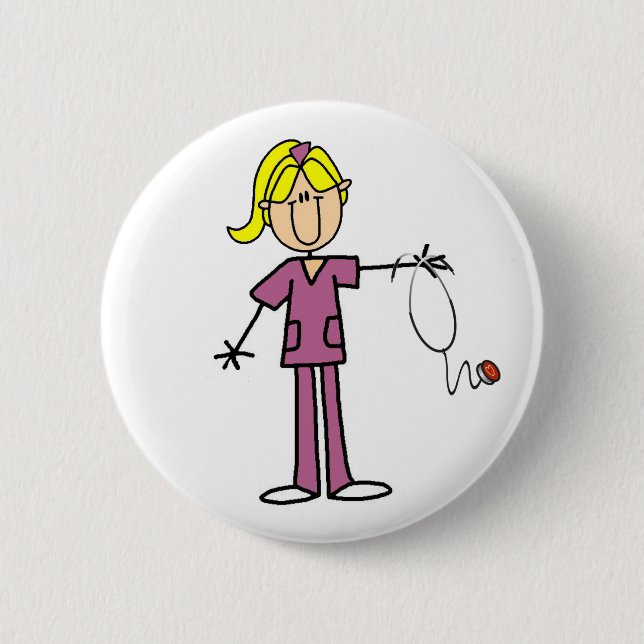 Blonde weibliche Strichmännchen-Krankenschwester Button (Vorderseite)