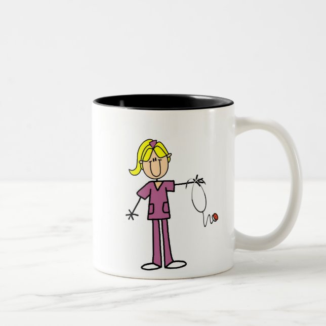 Blonde weibliche Strichmännchen-Krankenschwester-T Zweifarbige Tasse (Rechts)