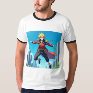 Blonder Anime-Held in Aktion – Dynamischer Fantasy T-Shirt
