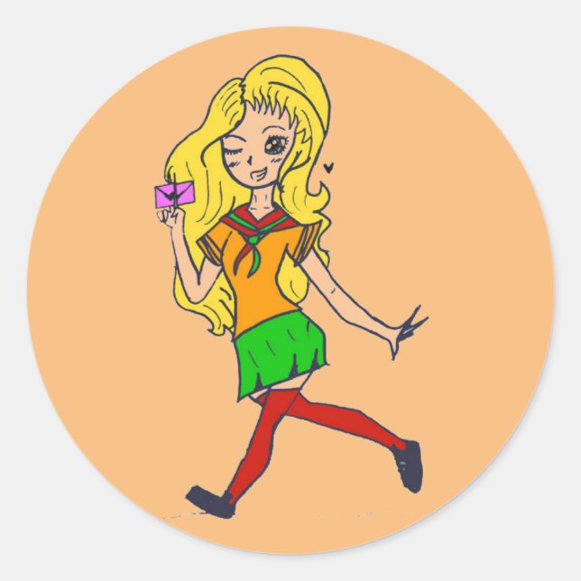 Blonder Colourful Cartoon Girl. Fluffy. Runder Aufkleber (Vorderseite)