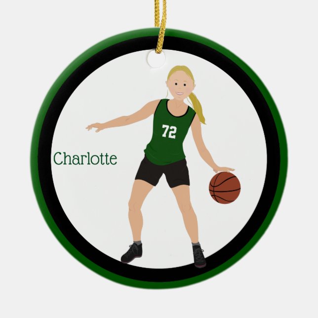 Blonder Mädchen-Basketball-Spieler im Grün und im Keramik Ornament (Vorne)