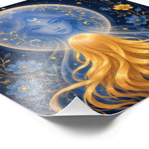 Blondes Kind und blauer Mondgeist Blumenkunst Fotodruck