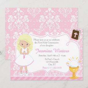 Blondes Mädchen Erste Kommunion Damast Einladung