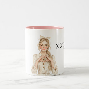 Blondes Mädchen Herz Hände XOXO Zweifarbige Tasse