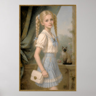 Blondes Mädchen mit einer Siamkatze Poster