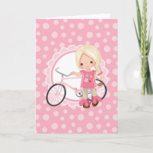 Blondes Mädchen mit Fahrrad - Rosa Weiß Karte