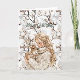 Blondes Mädchen mit Hirsch Weihnachten Karte