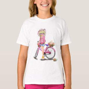 Blondes Mädchen mit rosa Fahrrad Mädchen T-Shirt