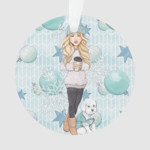 Blondes Mädchen mit weißem Welpen Ornament
