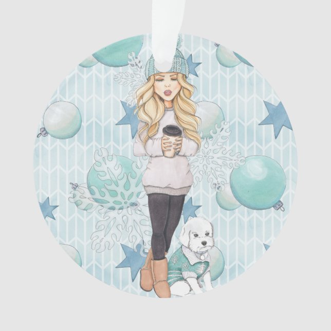 Blondes Mädchen mit weißem Welpen Ornament (Vorderseite)