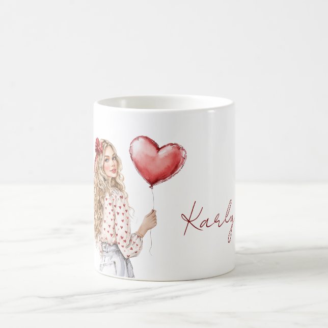 Blondes Mädchen rote Herzen Bluse Kaffeetasse (Mittel)