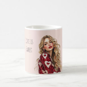 Blondes Mädchen rote Herzen Valentinstag Liebe Kaffeetasse