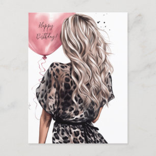 Blondes Mädchen Rücken rosa Ballon Leopardenkleid Postkarte