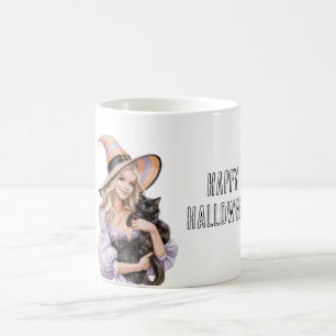 Blondes Mädchen schwarze Katze Halloween Kaffeetasse