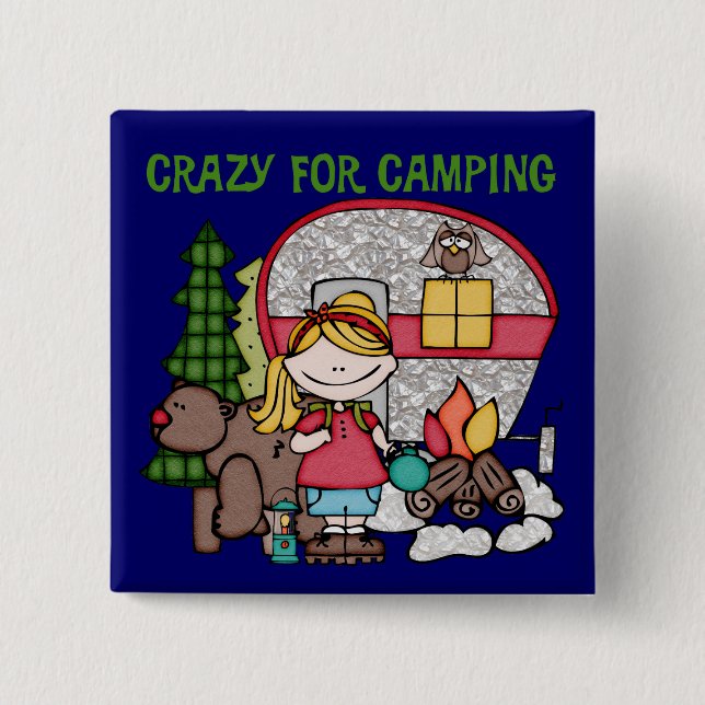 Blondes Mädchen verrückt für Camping Button (Vorderseite)