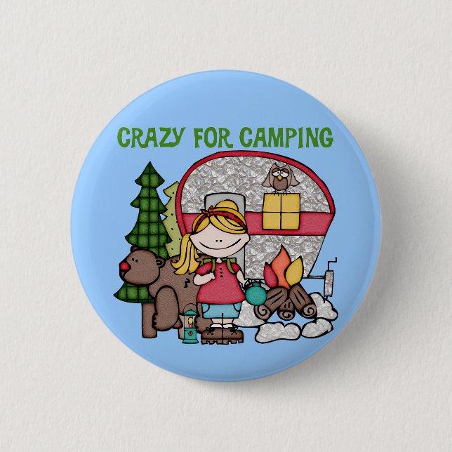 Blondes Mädchen verrückt für Camping Button (Vorderseite)