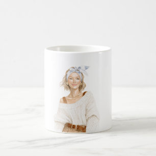 Blondes Mädchen weißer Pullover Kaffeetasse