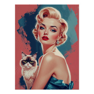 Blondes Pin-Up mit mürrischer Katze Poster