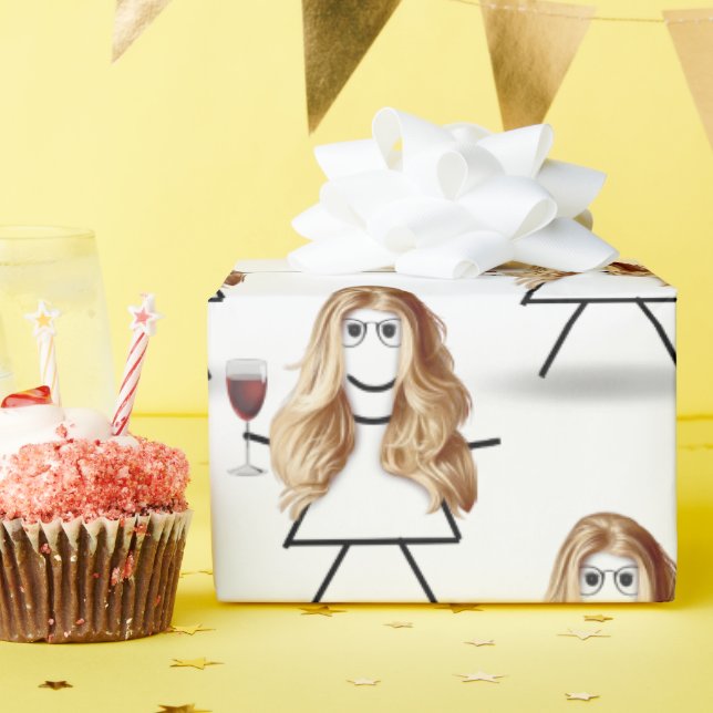 Blondes Strichfigur-Mädchen mit Rotwein Geschenkpapier (Birthday Party)