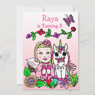 Blondhaarige Fee und Einhorn Pink Geburtstag Einladung