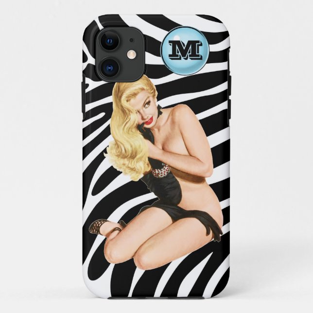 Blondine auf Retro Zebra-Druck mit Mongram Case-Mate iPhone Hülle (Rückseite)