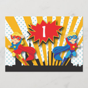 Blondine des Zwillings-Superheld-Geburtstags-  Einladung