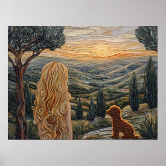 Blondine, Hund, laufen, Sonnenuntergang, Berge Poster