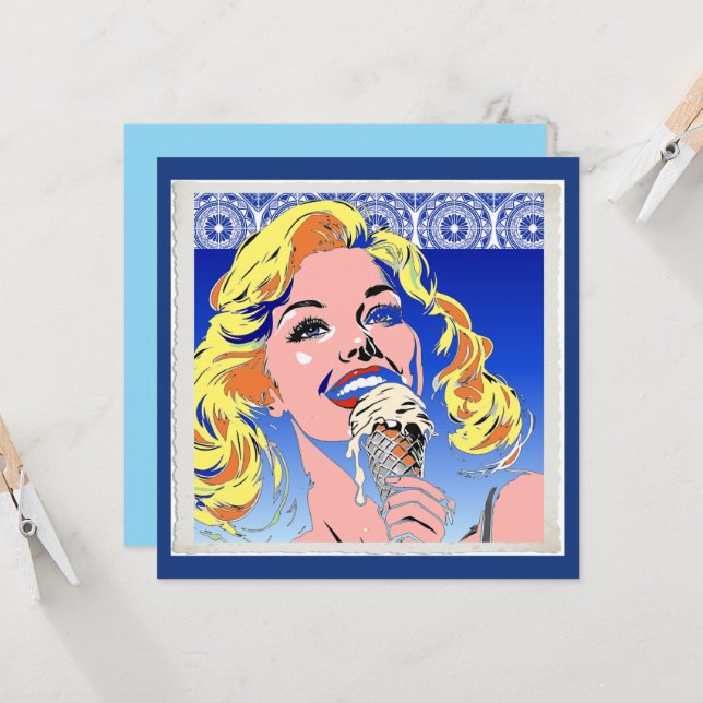 Blondine isst Eis im farbenfrohen Pop-Art-Stil der (Vorderseite/Rückseite Beispiel)