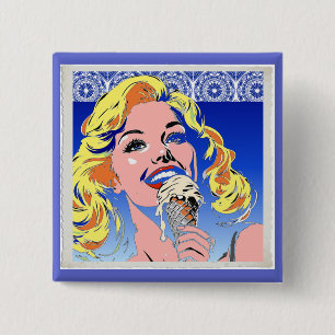 Blondine isst Eis im farbenfrohen Pop-Art-Stil der Button