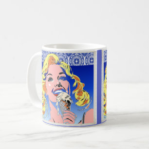 Blondine isst Eis im farbenfrohen Pop-Art-Stil der Kaffeetasse