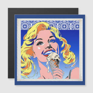 Blondine isst Eis im farbenfrohen Pop-Art-Stil der Magnetkarte