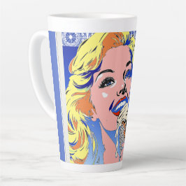 Blondine isst Eis im farbenfrohen Pop-Art-Stil der Milchtasse
