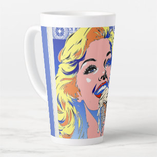 Blondine isst Eis im farbenfrohen Pop-Art-Stil der Milchtasse