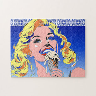 Blondine isst Eis im farbenfrohen Pop-Art-Stil der Puzzle