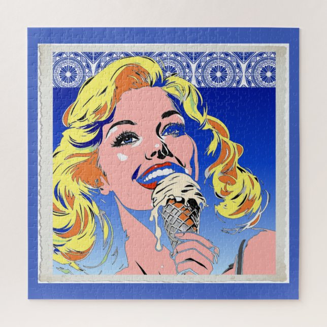 Blondine isst Eis im farbenfrohen Pop-Art-Stil der Puzzle (Vertikal)