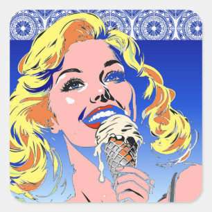 Blondine isst Eis im farbenfrohen Pop-Art-Stil der Quadratischer Aufkleber