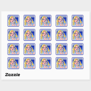 Blondine isst Eis im farbenfrohen Pop-Art-Stil der Quadratischer Aufkleber