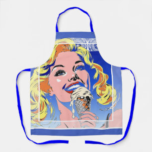 Blondine isst Eis im farbenfrohen Pop-Art-Stil der Schürze