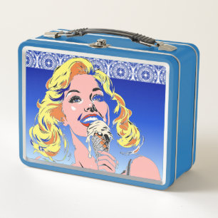 Blondine isst Eiscreme Farbige Pop-Art im Stil der Metall Brotdose