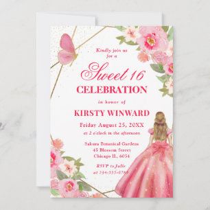 Blondine mit rosa Kleid Blumen Sweet 16 Einladung