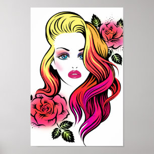Blondine mit Rose und Regenbogenhaaren Poster