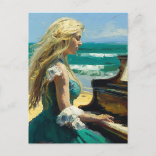 Blondine spielt am Strand Klavier Postkarte